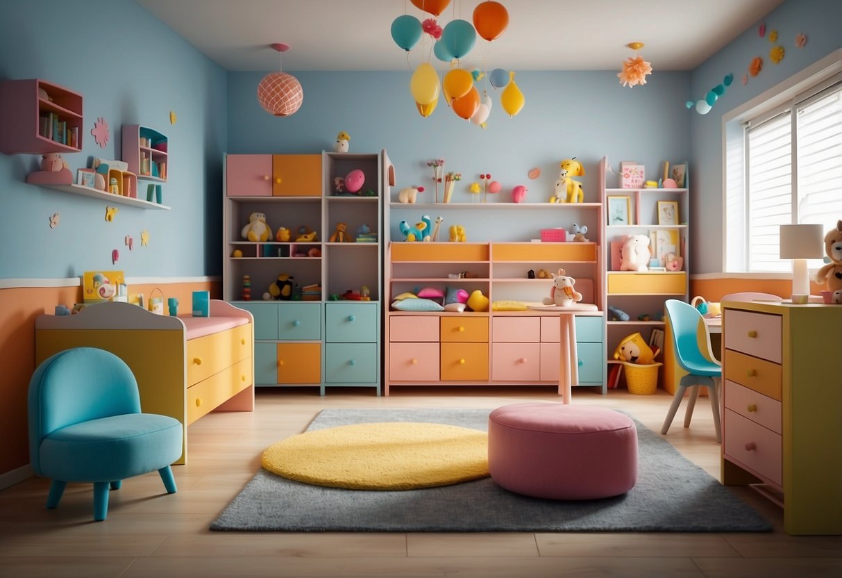 Colorful children's furniture arranged in a bright, spacious room with playful decor and soft lighting