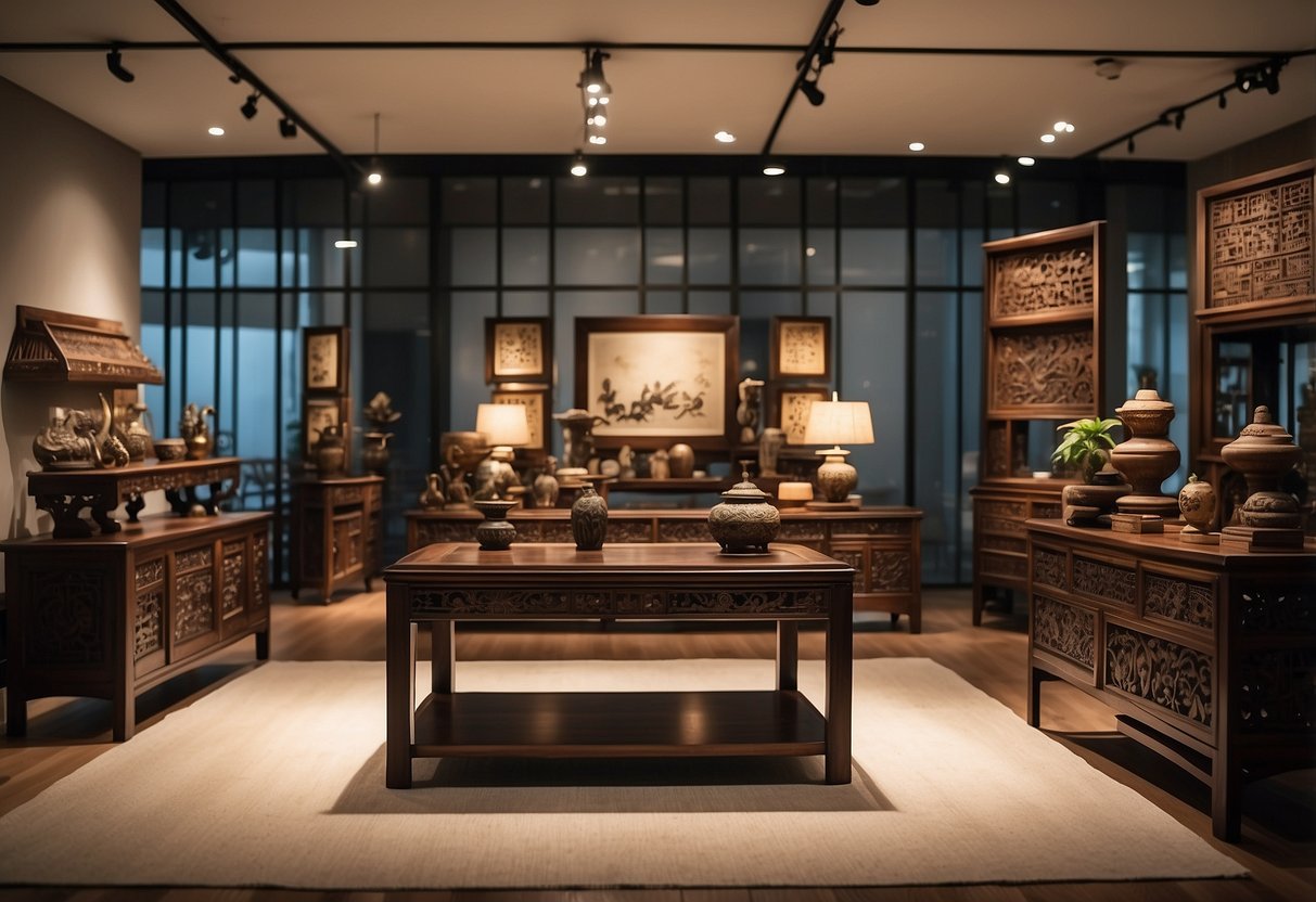 A collection of Asian arts furniture with various styles and designs displayed in a well-lit showroom