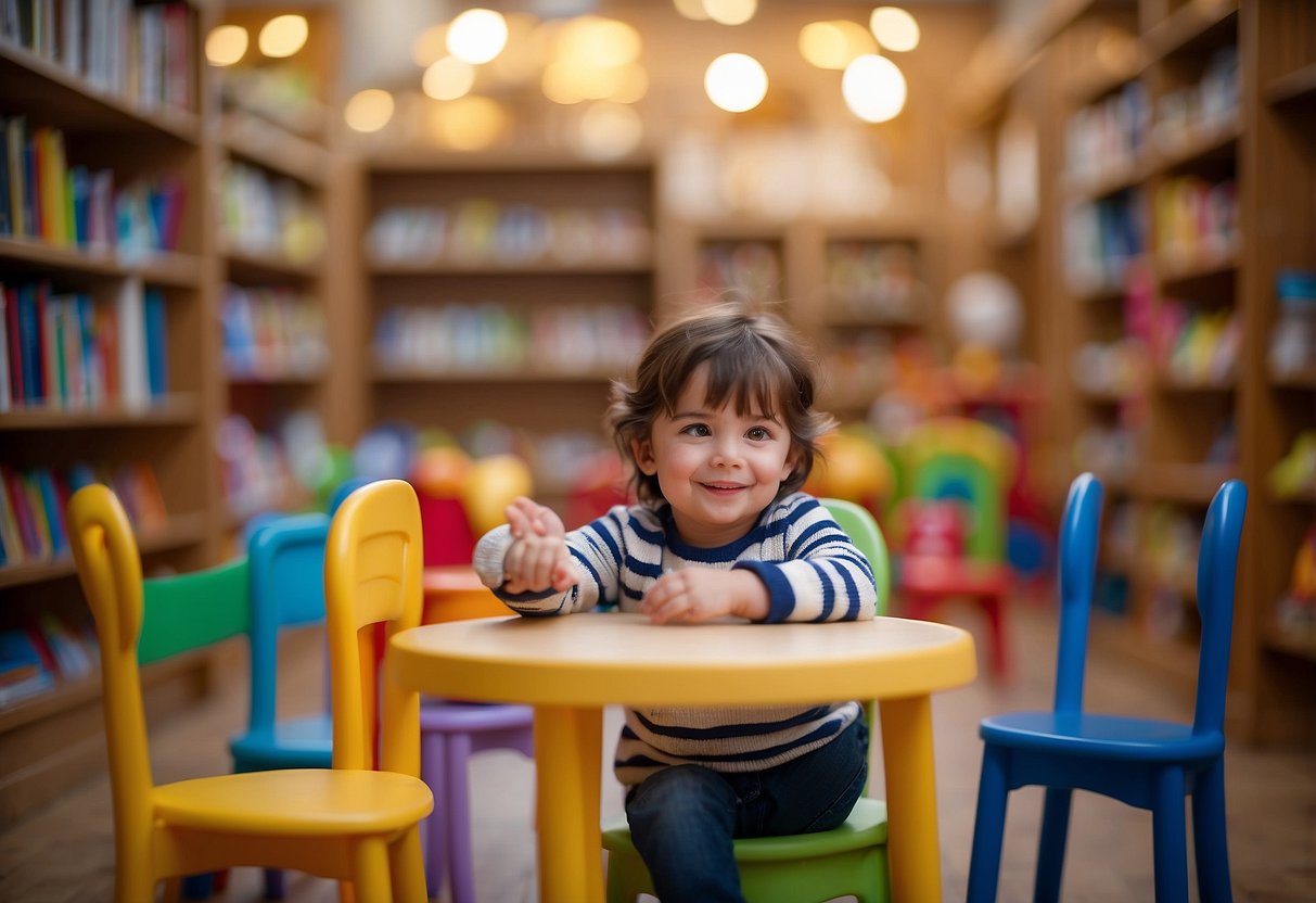 A child sits at a small table, surrounded by colorful chairs and shelves. Toys and books are neatly displayed, creating a cozy and inviting space