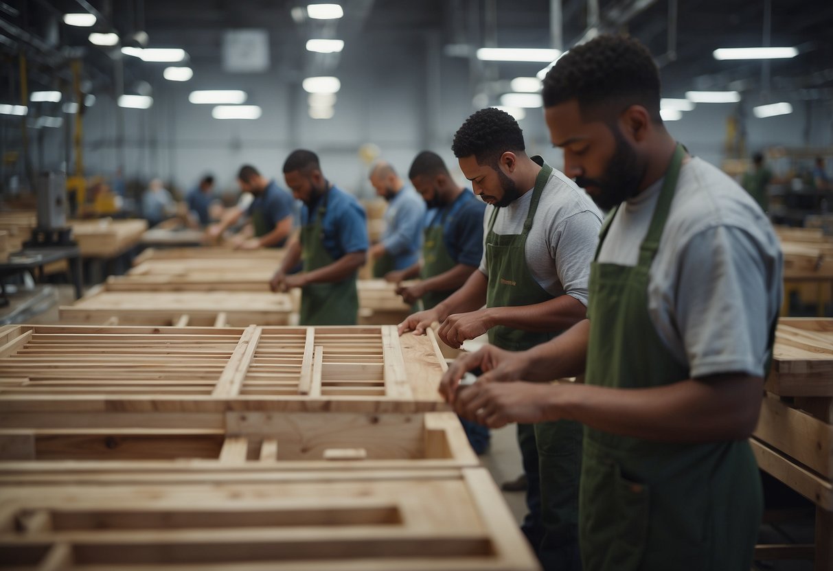 A busy factory floor with workers assembling and crafting wooden tables, chairs, and cabinets. Sawdust fills the air as machines hum with activity