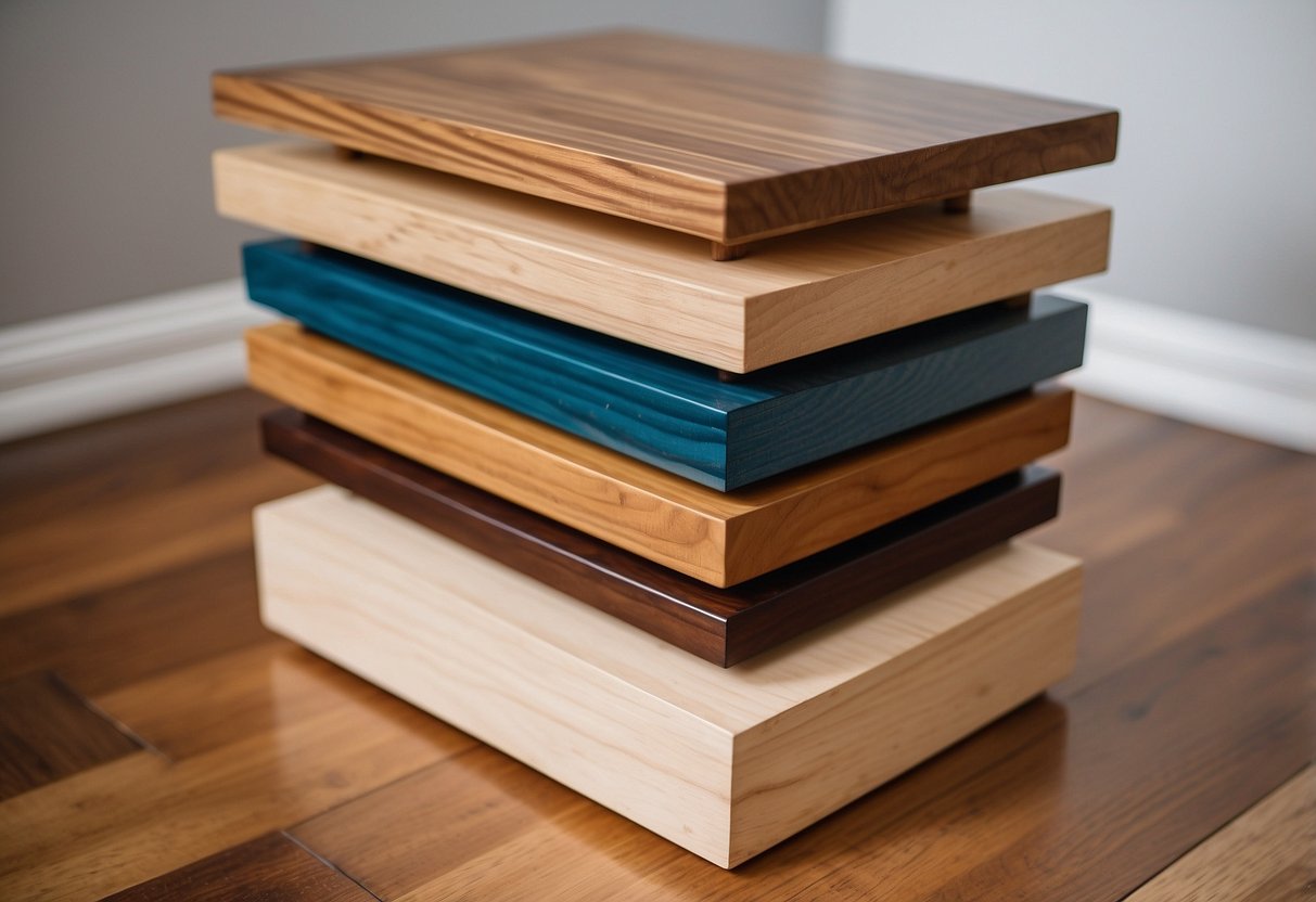 A stack of wood furniture risers, varying in size and color, sits on a hardwood floor in a well-lit room