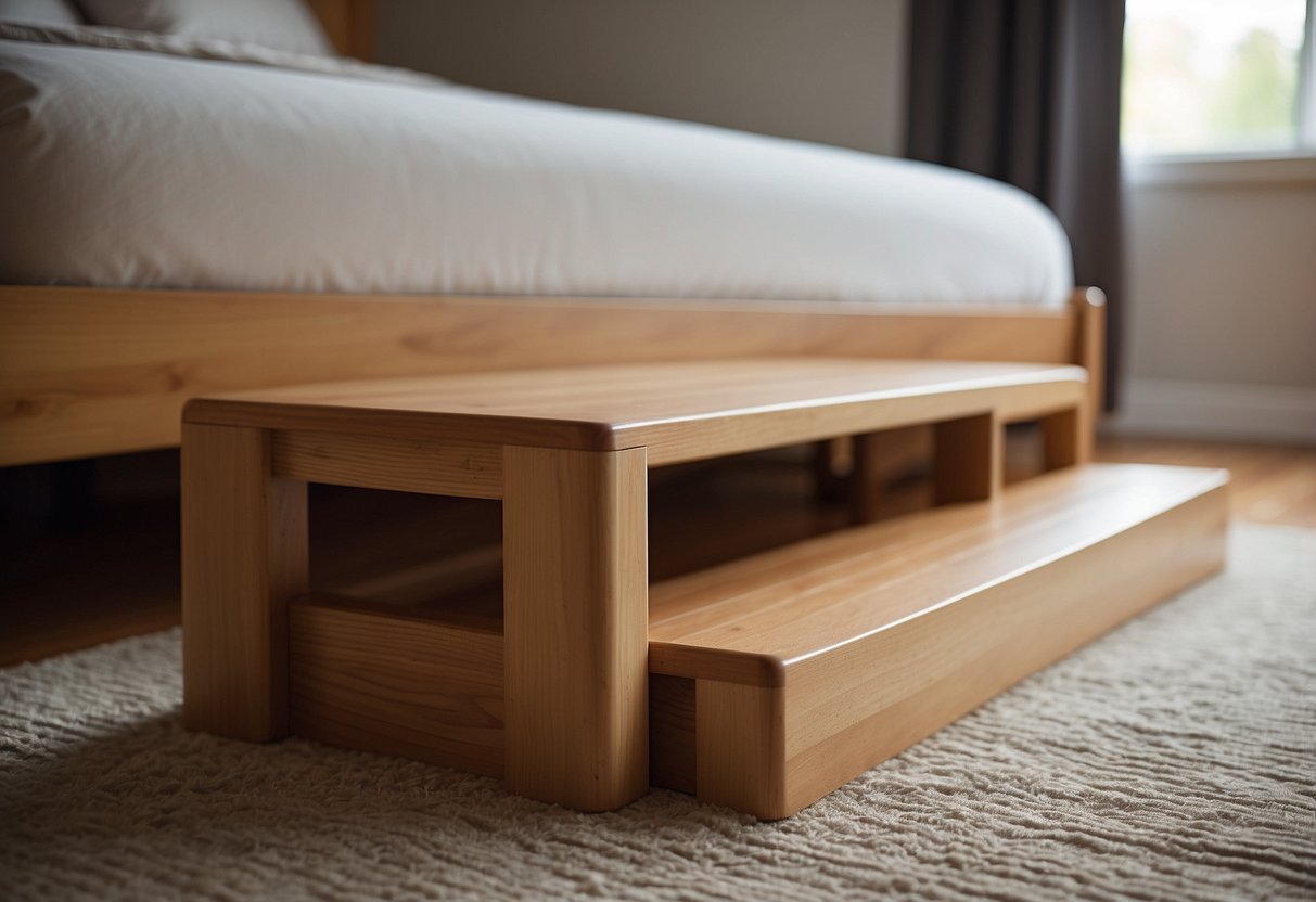 Wood furniture risers stacked under a bed frame, lifting it off the ground. A set of four risers, each with a smooth, polished finish and sturdy construction