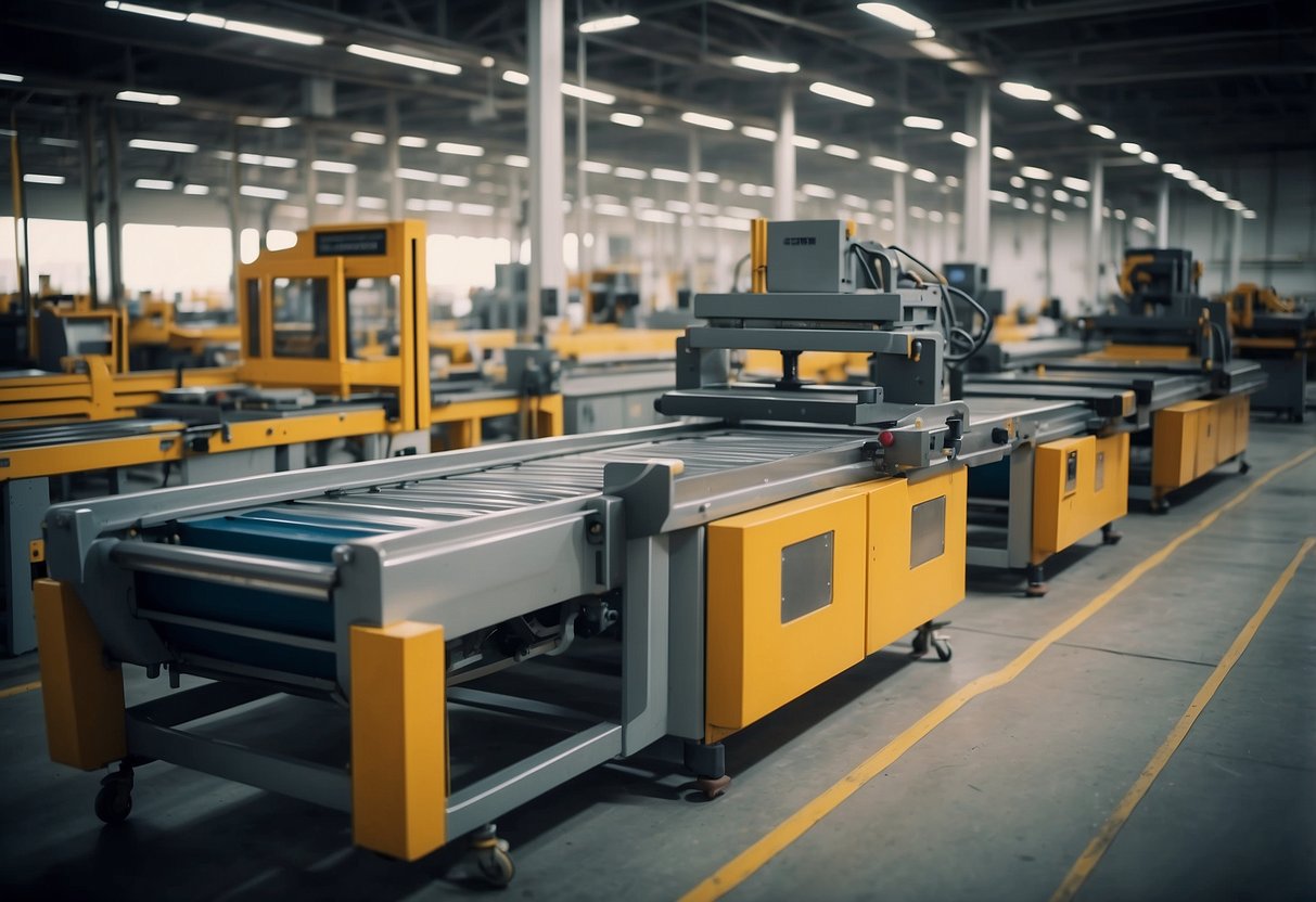 Machines assemble wooden furniture in a large, brightly lit factory. Conveyor belts move parts through various stages of production