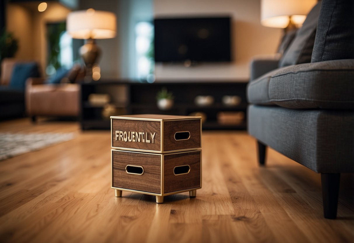 Wood furniture risers arranged neatly under various furniture legs, with a "Frequently Asked Questions" sign nearby