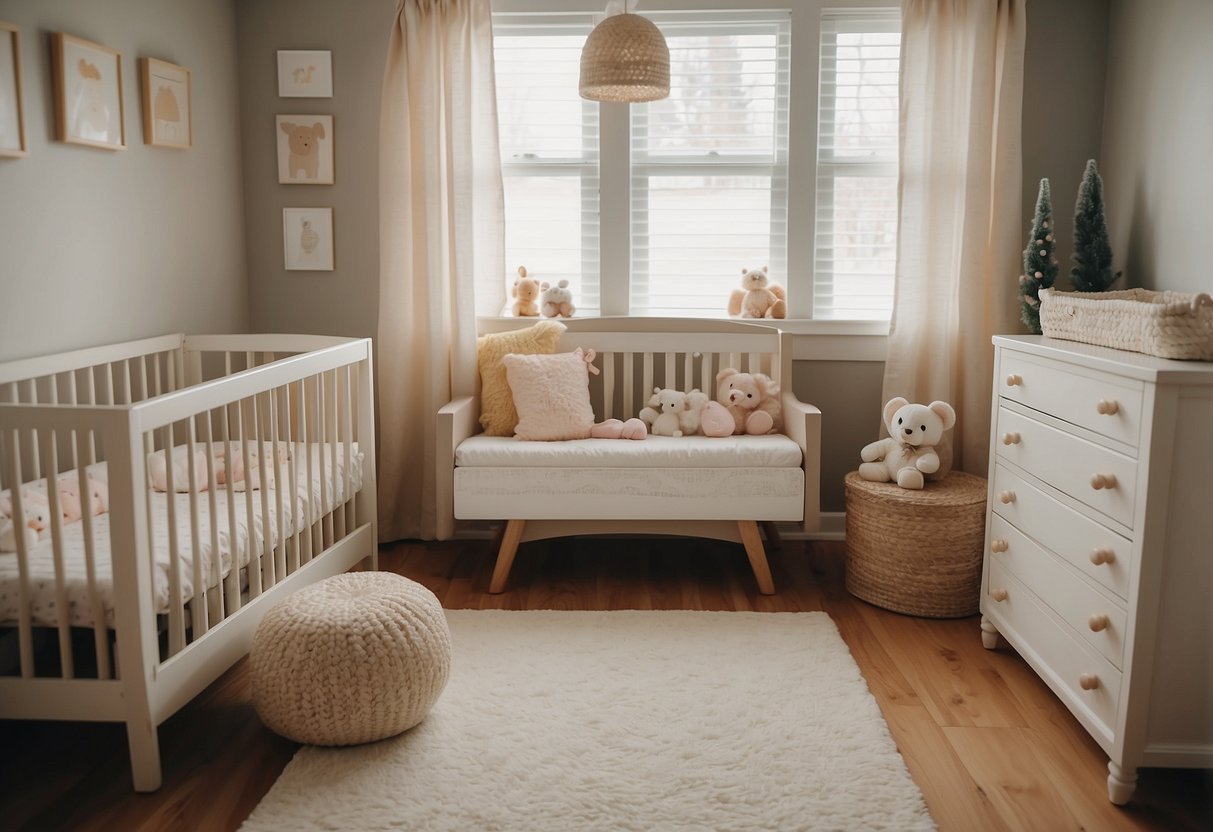 A cozy nursery with a crib, changing table, rocking chair, and toy chest. Soft pastel colors and animal-themed decor create a warm and inviting space for a child