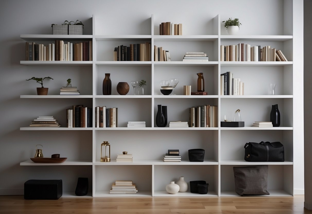 A modern bookcase from IKEA stands against a white wall, filled with books and decorative items. The clean lines and minimalist design give off a contemporary vibe