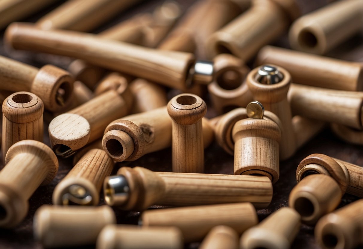 Wooden pins inserted into furniture joints for stability. Some pins visible on the surface, others hidden within the joints. Different sizes and shapes used for various furniture pieces