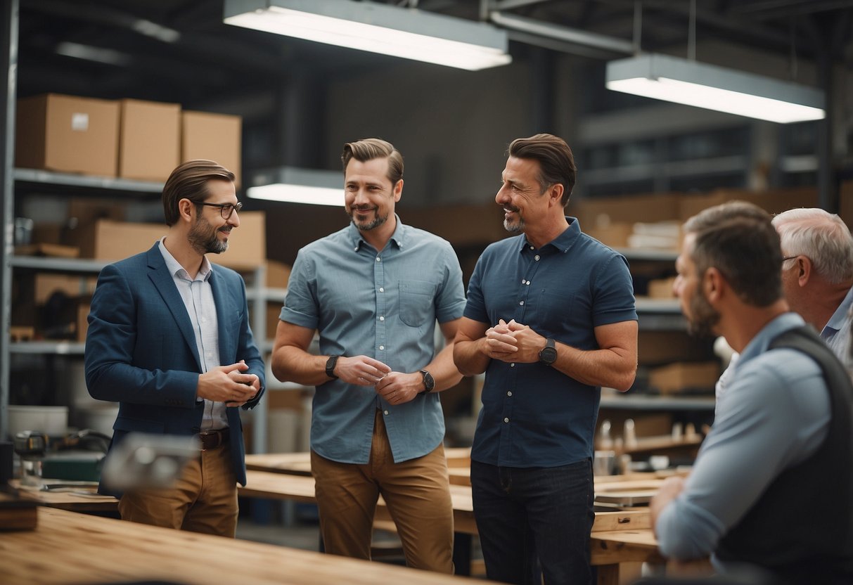 A group of furniture manufacturers discussing and answering common questions in a workshop setting