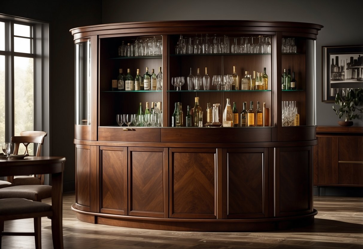 A sleek bar cabinet from Baker Furniture sits against a wall, its elegant design and rich wood finish catching the light. Glassware and bottles are neatly arranged inside, ready for a sophisticated gathering