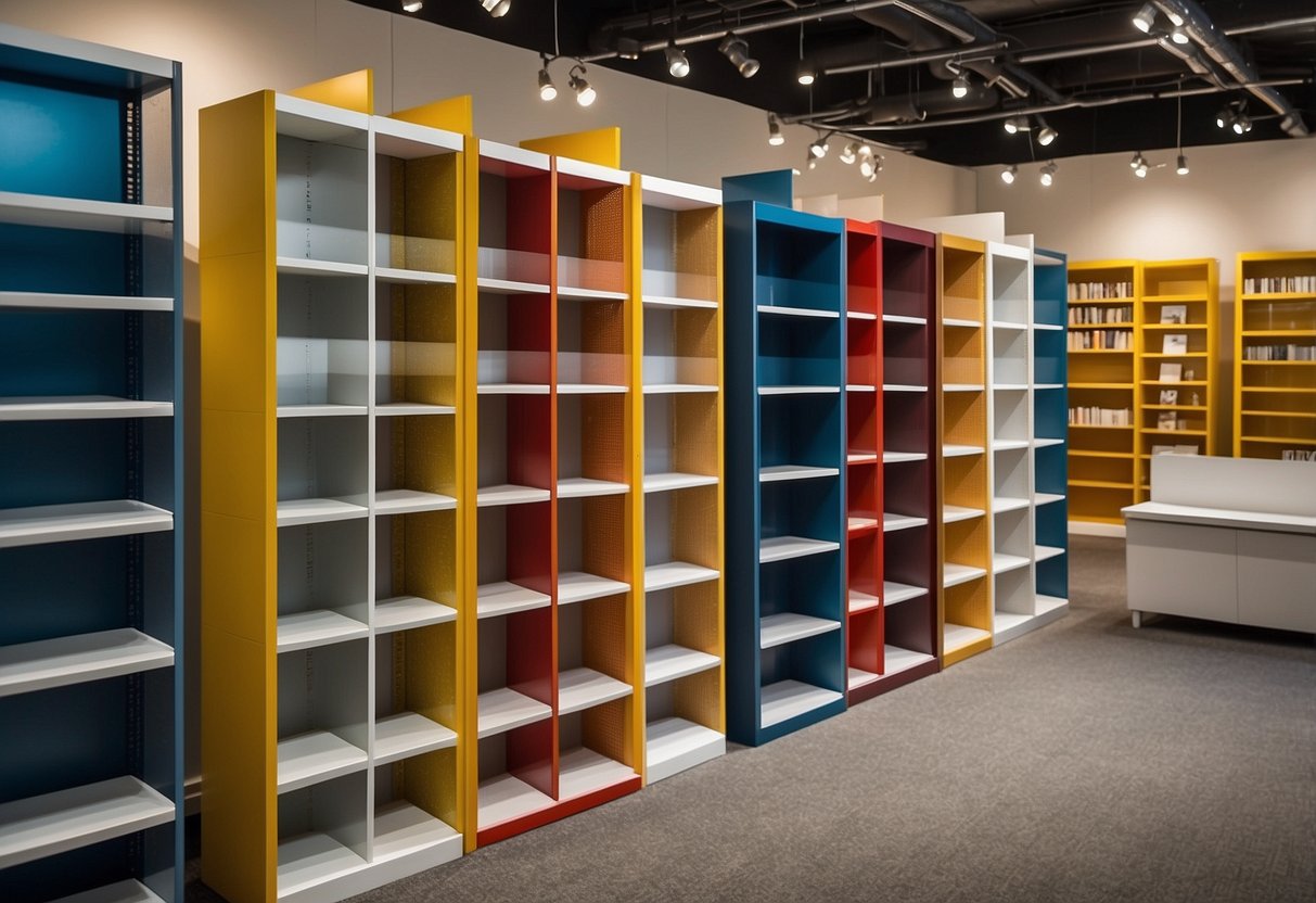 Various IKEA bookcases line the showroom, displaying different sizes, colors, and designs. Customers browse and compare options, while staff restock shelves