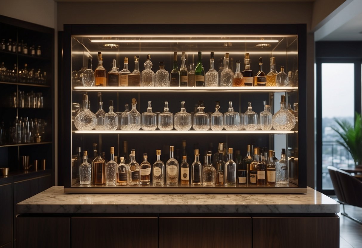 A well-lit room with a sleek, modern bar cabinet from Baker Furniture. Glassware and bottles neatly arranged inside