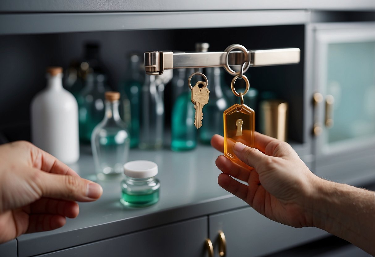 A hand reaches for a cabinet key, unlocking a bar cabinet. Inside, shelves hold glassware and bottles. A cleaning cloth rests nearby