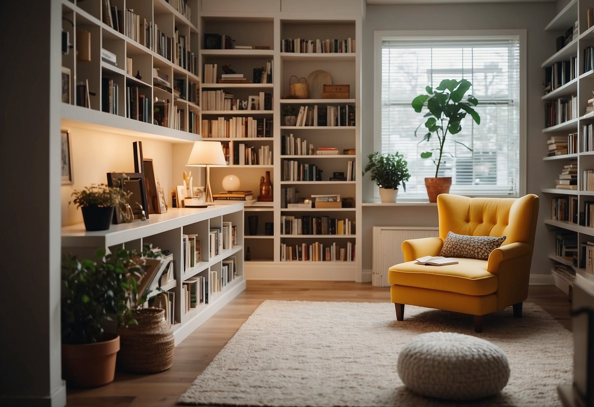 A bright, modern living room with IKEA bookcases lining the walls, filled with books and decorative items. A cozy reading nook with a comfortable chair and soft lighting completes the scene
