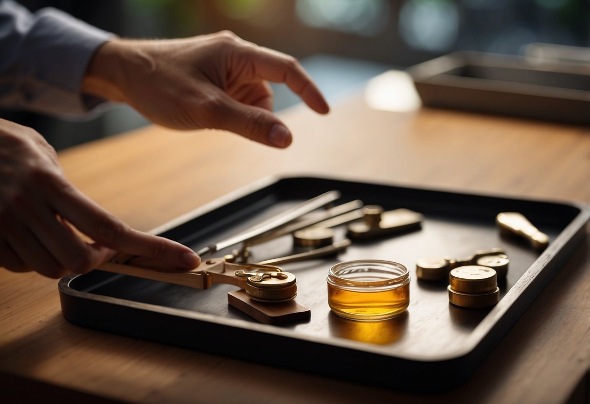 A hand reaches for a wooden pin from a neatly organized tray, inspecting its smooth surface and straight edges. Nearby, a small container of oil sits ready for maintenance