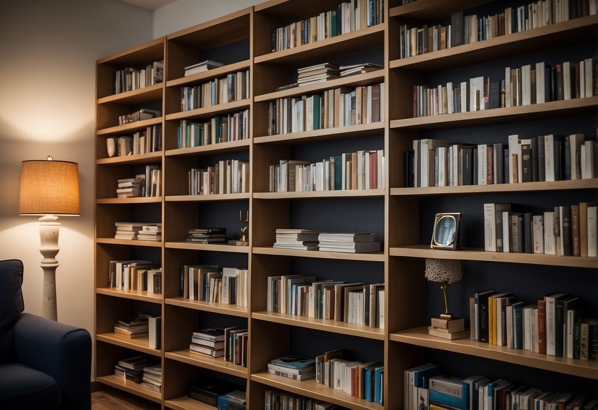 A bookcase filled with IKEA furniture instruction manuals, surrounded by question marks and a "Frequently Asked Questions" sign