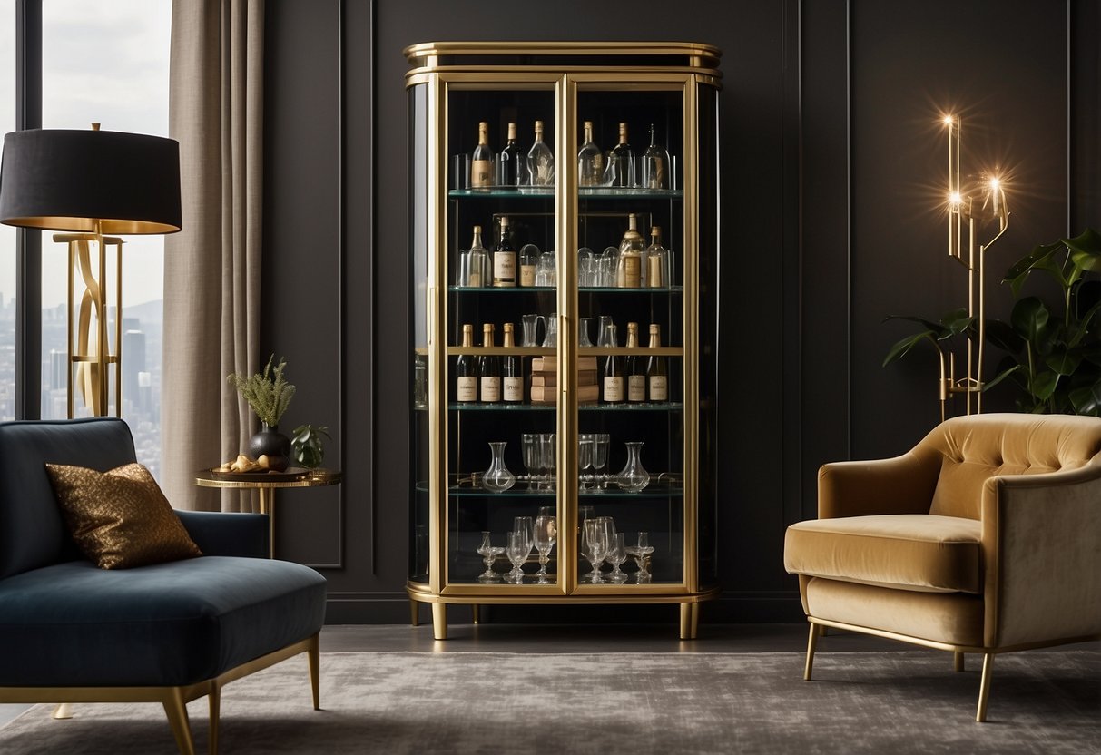 A sleek bar cabinet with glass doors and gold hardware stands in a stylish living room. The cabinet is adorned with the Baker Furniture logo and surrounded by bottles and glassware
