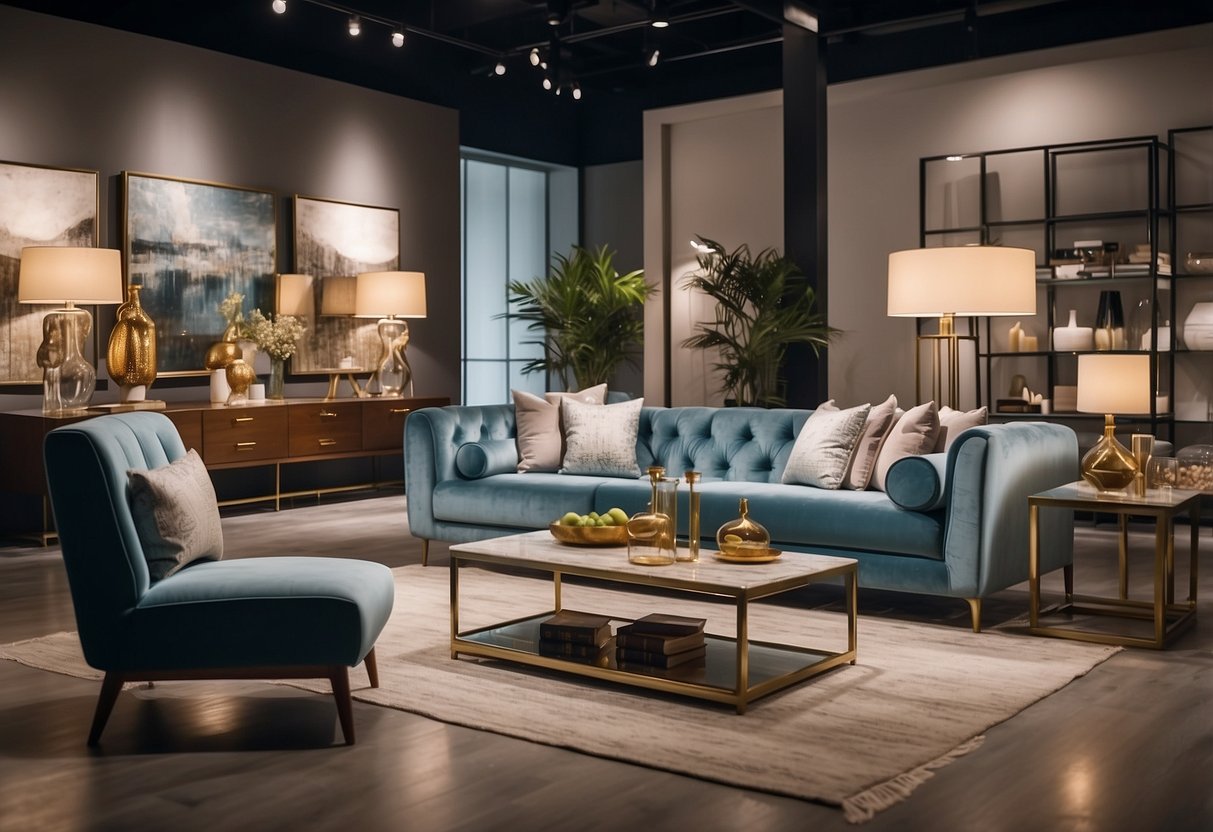 A showroom filled with modern and elegant furniture pieces, arranged in stylish displays, with soft lighting and a sophisticated ambiance