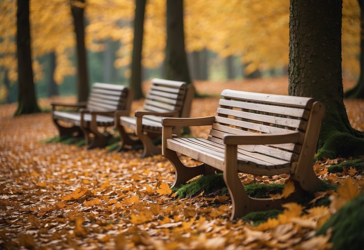 A beech tree furniture set, including a table, chairs, and a bench, nestled among the dappled sunlight and fallen leaves of the forest floor