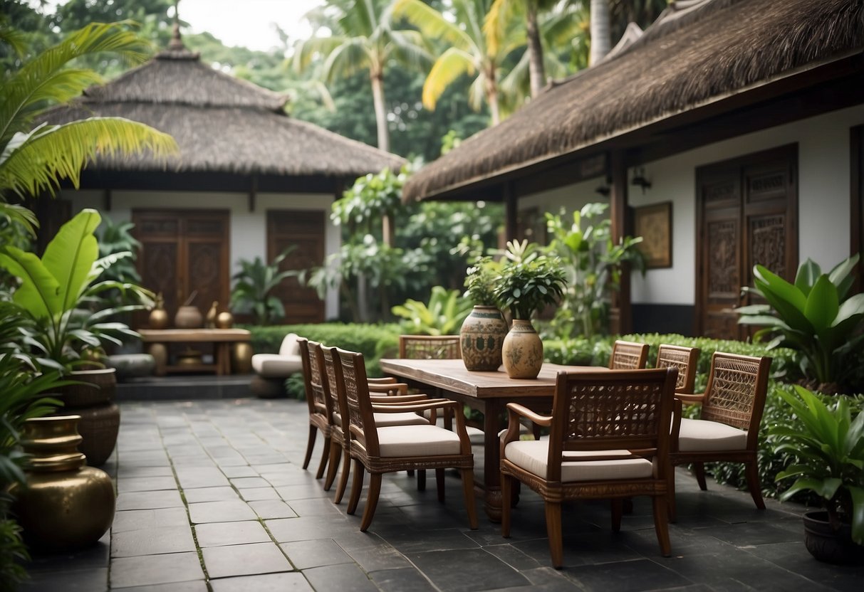 A serene outdoor setting with lush greenery, traditional Balinese furniture, and a tranquil ambiance