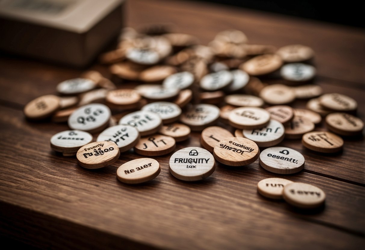 Wooden pins labeled "Frequently Asked Questions" arranged on a table next to furniture pieces