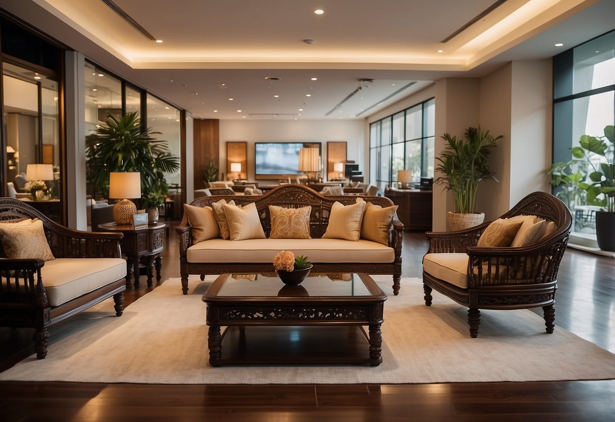 A spacious showroom displays Yuni Bali's elegant furniture collection. Rich wood tones, intricate carvings, and luxurious fabrics create a sophisticated and inviting ambiance