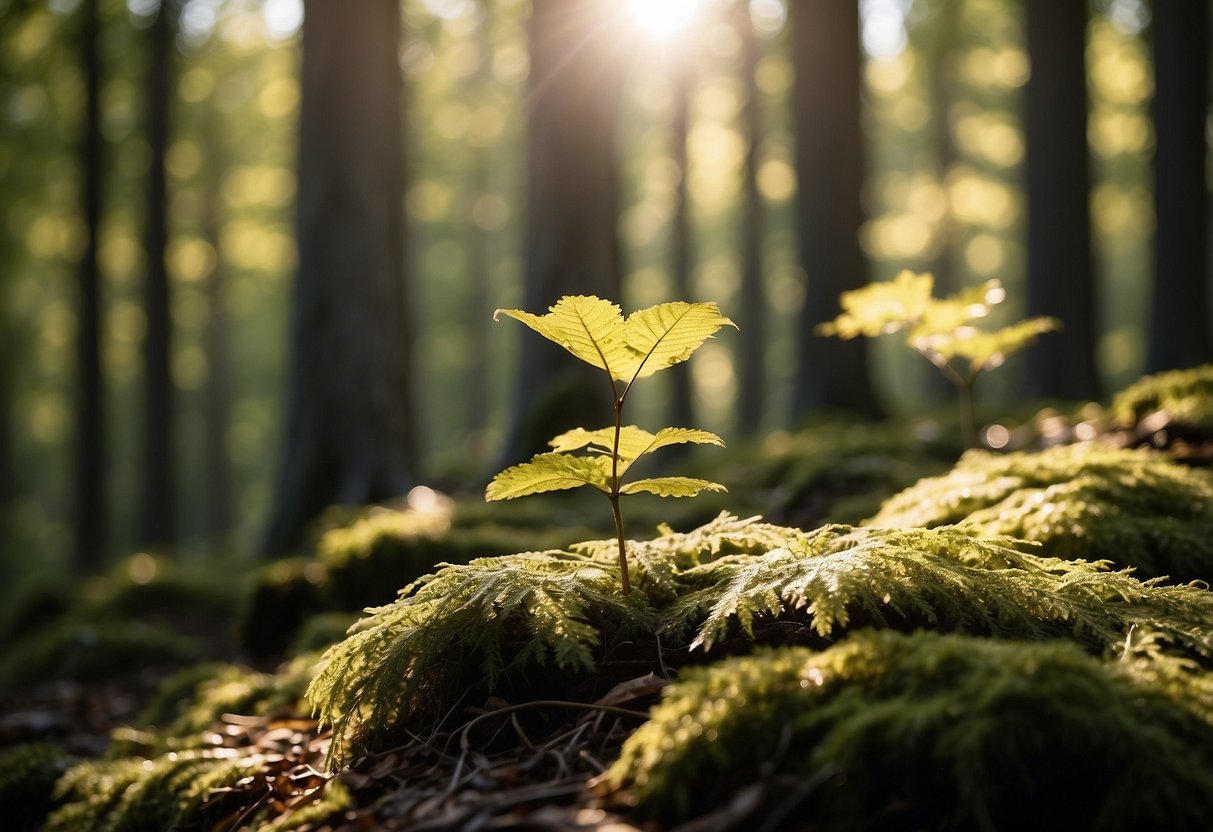 A beech tree stands tall in a dense forest, its smooth, pale bark glistening in the sunlight. Surrounding it, a collection of elegant and sturdy beech wood furniture showcases the natural beauty and strength of this versatile material