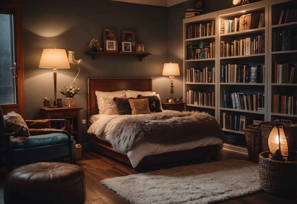 A cozy bear den with a bed, table, and chairs. A bookshelf filled with bear-sized books. A rug and soft lighting complete the cozy atmosphere