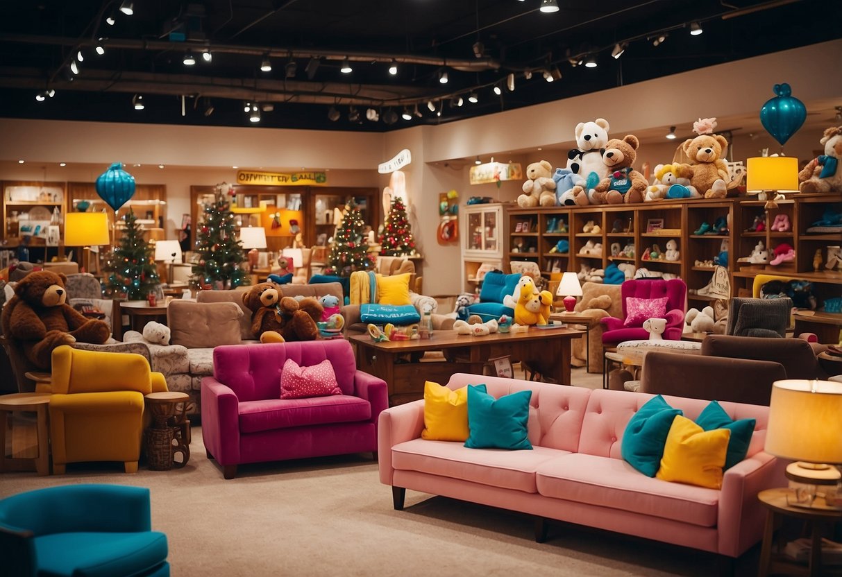 A bustling furniture store with colorful signs advertising special offers and discounts on build-a-bear furniture