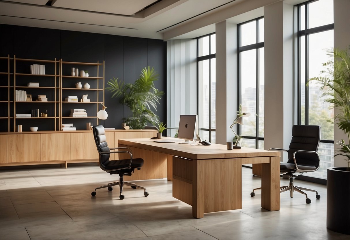 A spacious, modern office with sleek Yuni Bali furniture, a mix of natural wood and contemporary design, bathed in warm natural light