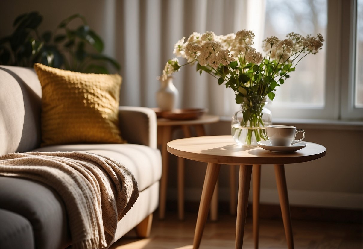A beech tree furniture set sits in a sunlit room, with a cozy throw draped over the armchair and a vase of fresh flowers on the coffee table