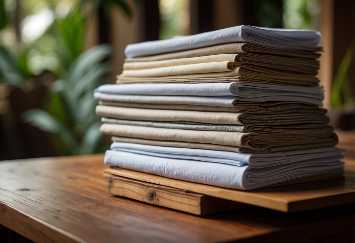 A stack of FAQ sheets on a wooden table, surrounded by handcrafted Balinese furniture and decor