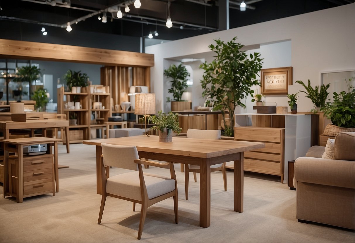 A beech tree furniture showroom with various pieces displayed and a sign reading "Frequently Asked Questions" visible