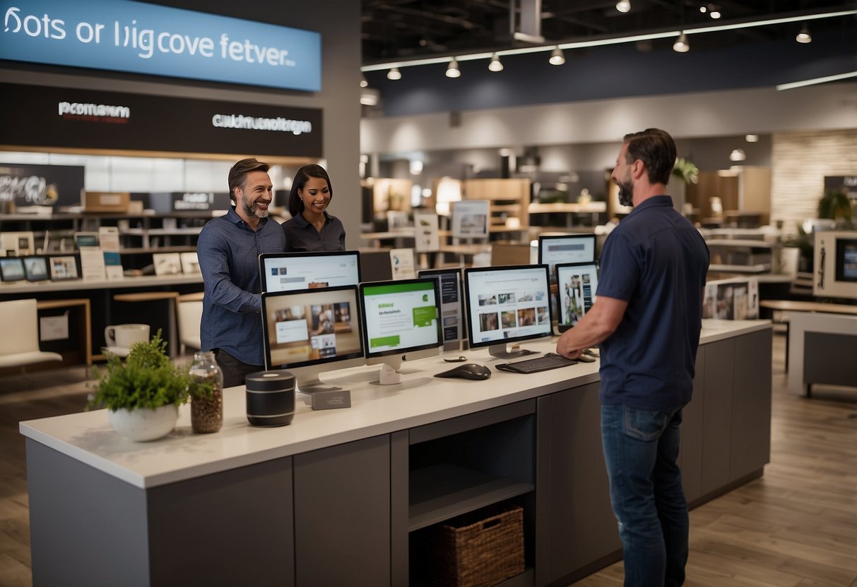 Customers browse furniture displays, while staff assist and answer questions. Signage and brochures provide additional information