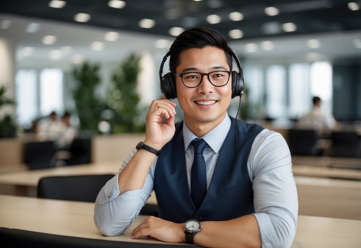 A customer service representative at Cellini Furniture Singapore answers questions from clients in a modern, well-lit office setting