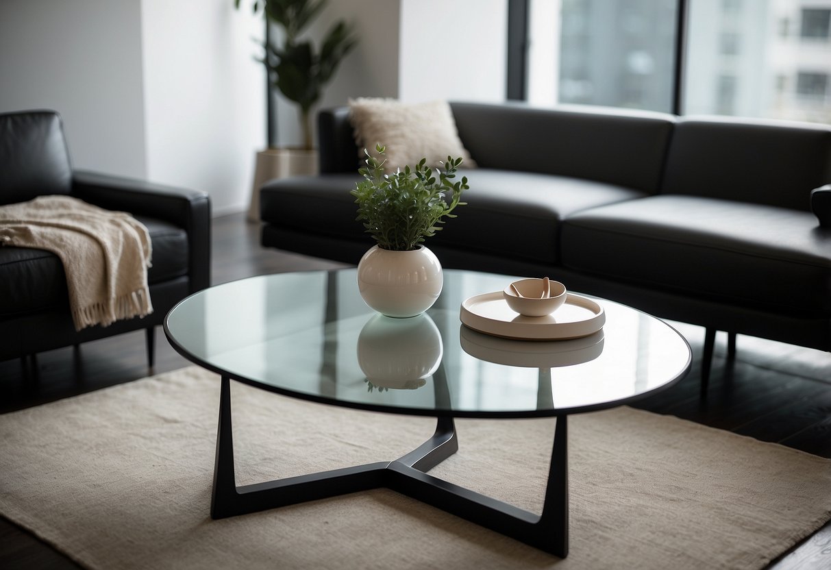 A modern coffee table with sleek lines and a glass top sits in a minimalist living room, surrounded by contemporary art and stylish furniture