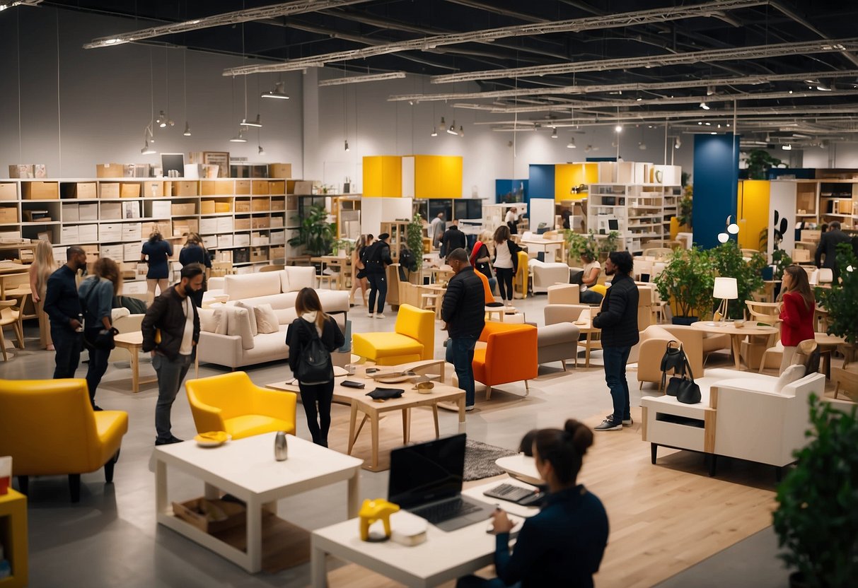 Customers browse through colorful displays of modern furniture at the bustling IKEA store. Flat-pack boxes line the shelves, while stylish room setups showcase the products' potential