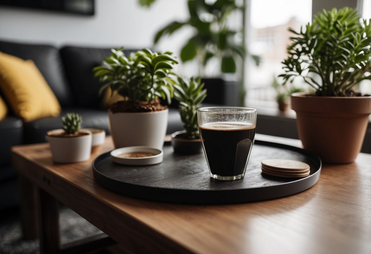 A person placing coasters and a decorative tray on a sleek coffee table, while a potted plant sits in the corner