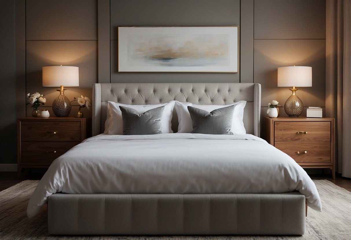 The bed is centered against the back wall, flanked by two nightstands with lamps. A dresser sits opposite the foot of the bed, with a mirror above it