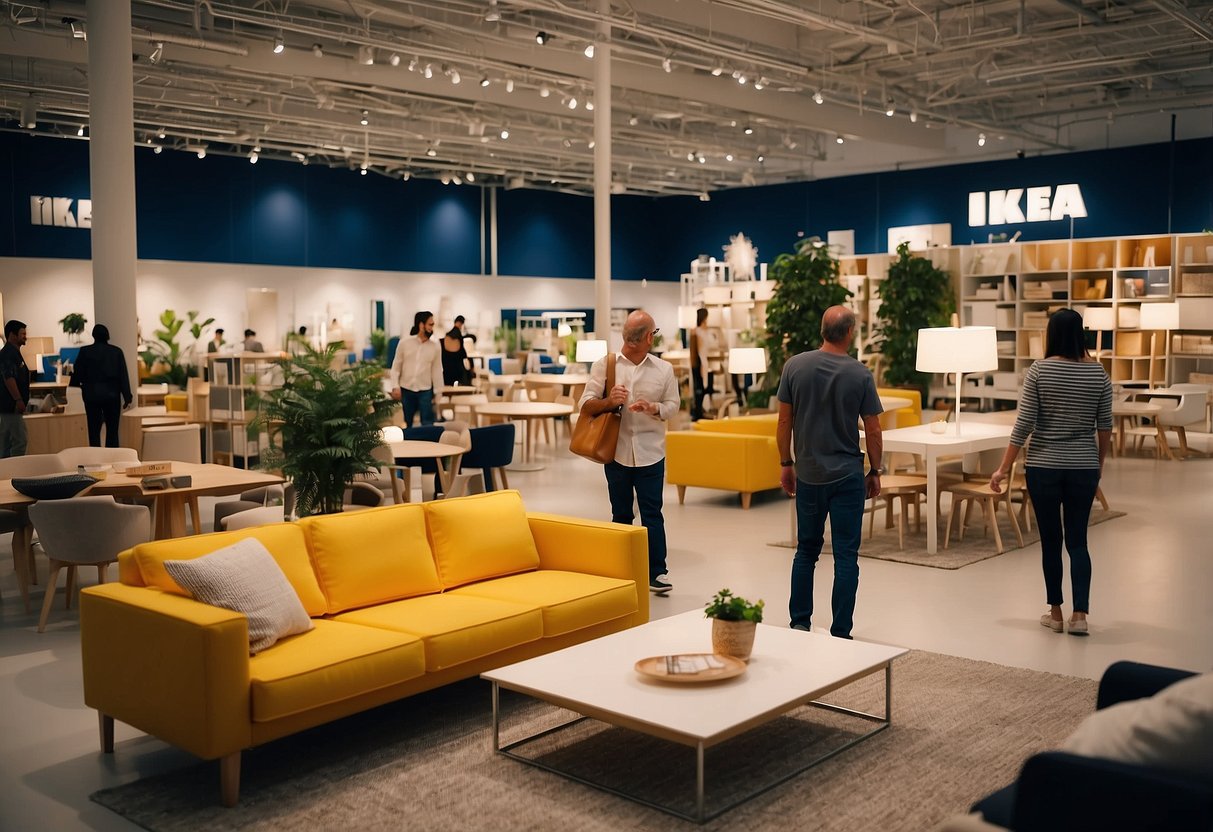 Customers browse through aisles of modern and stylish furniture displays at IKEA's expansive store