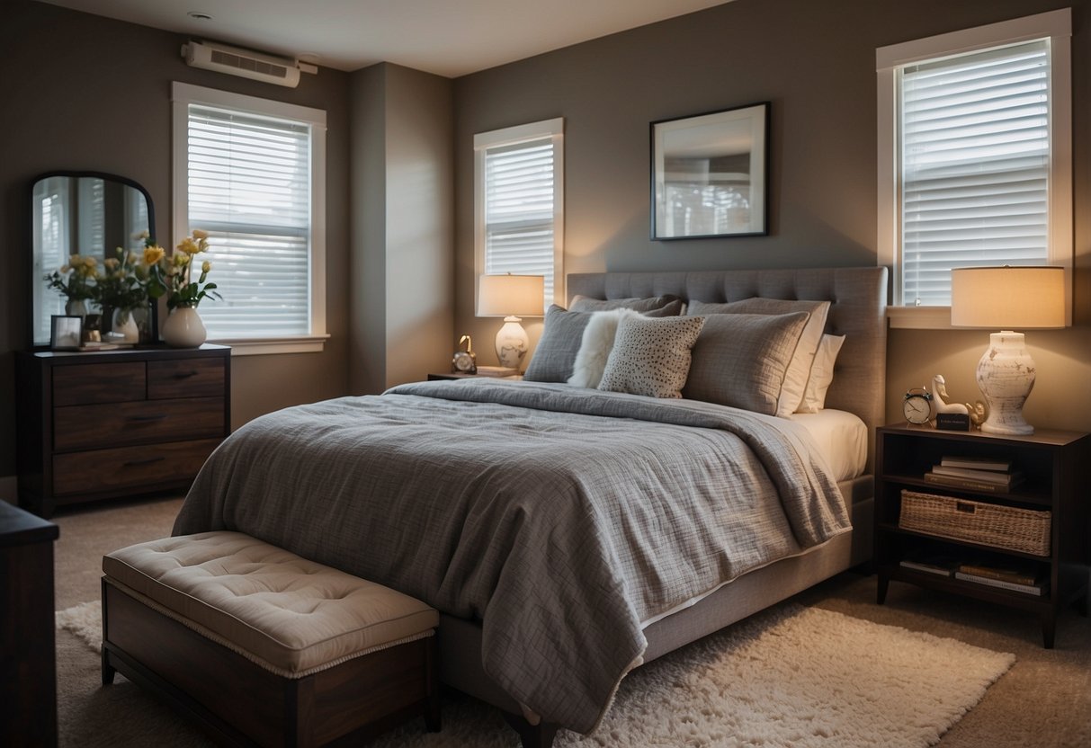 A bedroom with a bed centered against the back wall, flanked by nightstands. A dresser sits opposite the bed, with a cozy reading nook in the corner
