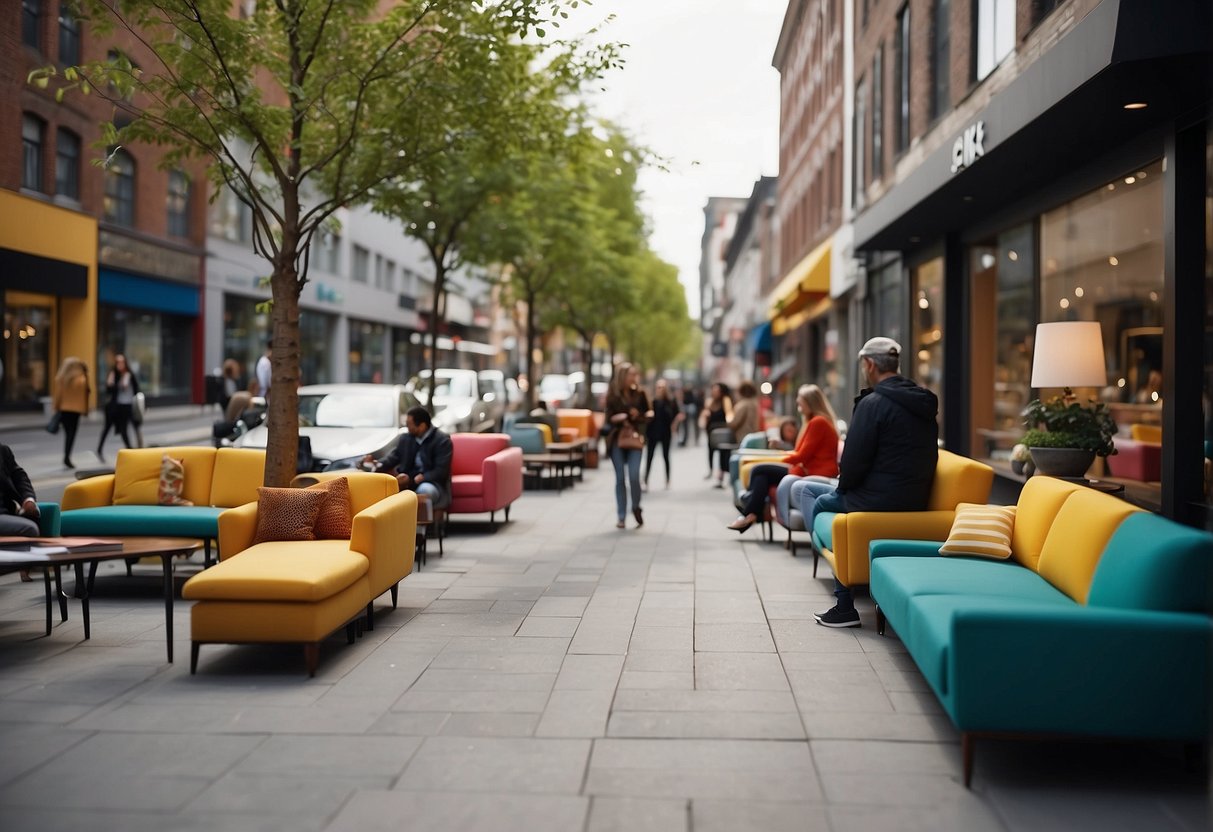 Busy city street with modern furniture stores. People browsing and shopping. Brightly colored sofas and chairs displayed in windows. Traffic passing by
