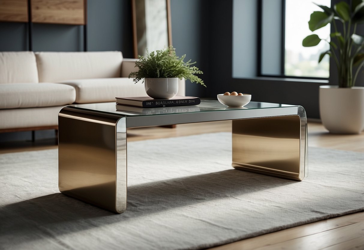 A sleek, modern coffee table with clean lines and a minimalist design, featuring a glossy surface and metallic legs