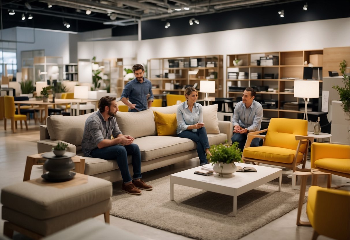 Customers browse modern furniture displays in a spacious, well-lit showroom at IKEA. Staff assist shoppers, and a self-serve warehouse offers flat-packed items