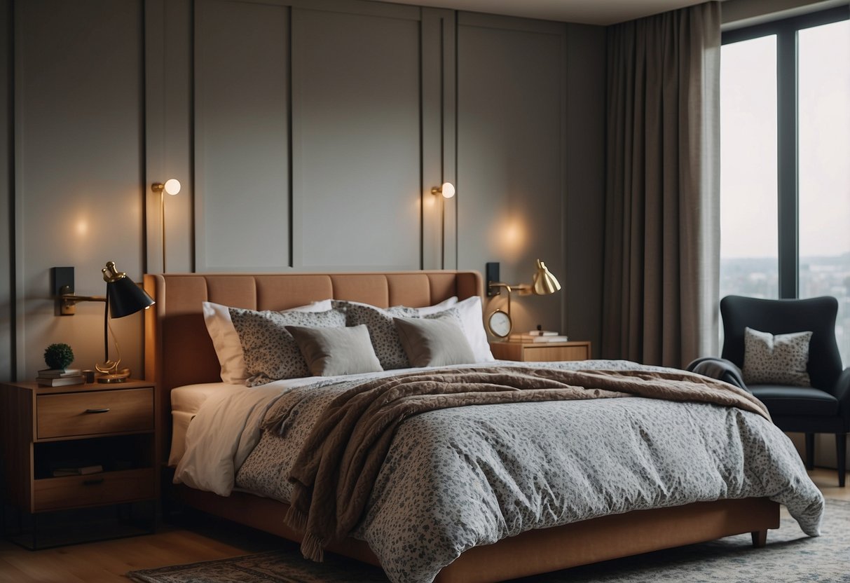 A bed with a patterned duvet, a nightstand with a lamp, a dresser with a mirror, and a cozy armchair in a well-organized bedroom
