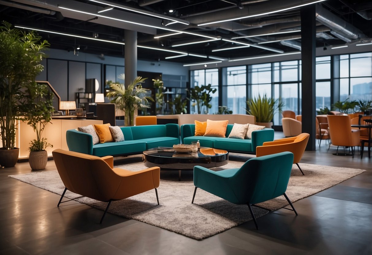A spacious showroom with modern furniture displays. Bright lights illuminate the sleek designs and vibrant colors