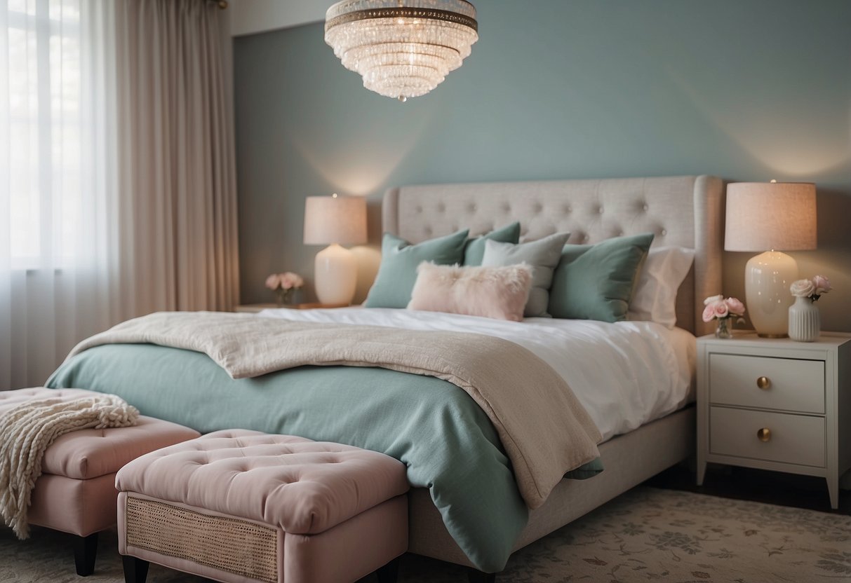 A cozy bedroom with elegant furniture and soft, pastel colors. A plush bed with decorative pillows, a stylish dresser, and a comfortable armchair create a tranquil and inviting space