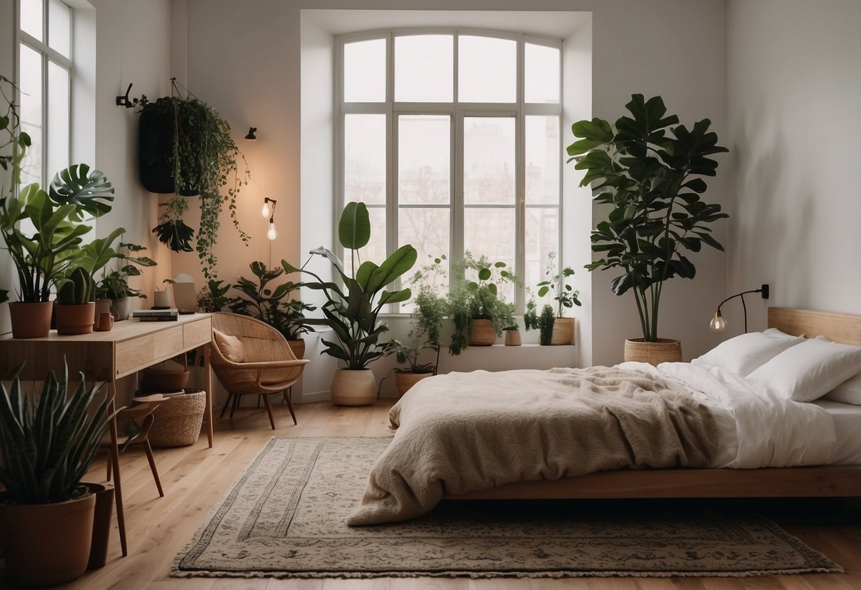 A cozy bedroom with minimalist furniture, soft lighting, and plants. Aesthetic decor includes vintage rugs, art prints, and natural textures