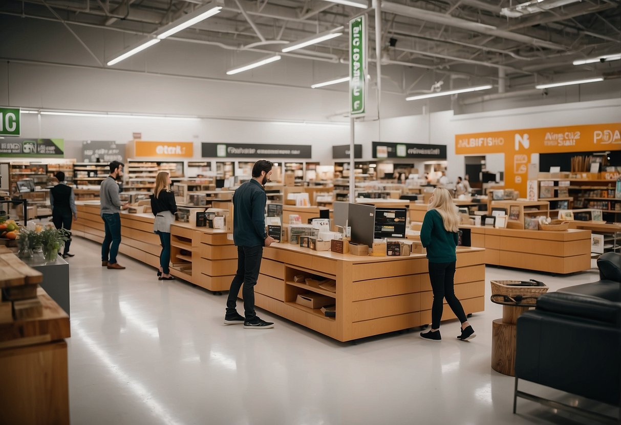 Customers browsing aisles, staff assisting, signage directing. Bright, organized space with modern furniture displays