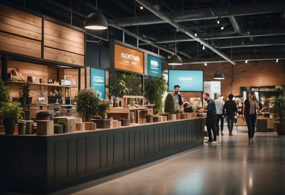Customers browsing city furniture with FAQ signs visible