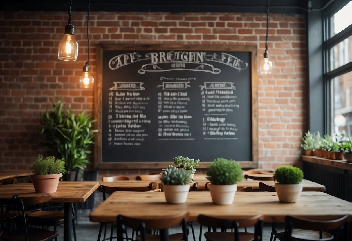 A cozy cafe with wooden tables, mismatched chairs, and hanging pendant lights. A chalkboard menu and potted plants add charm